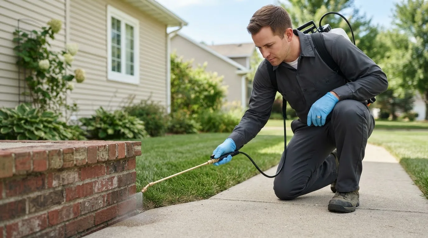 Pest control technician treating a home near Exeter, CA